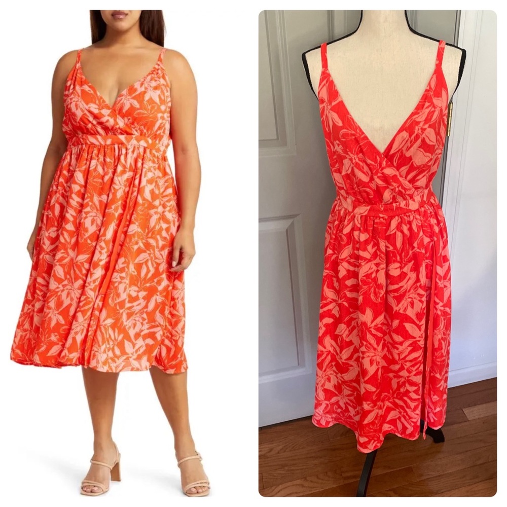 Chelsea 28 Metallic Floral Wrap Dress Large 12-14 Sleeveless Peach Slice Floral